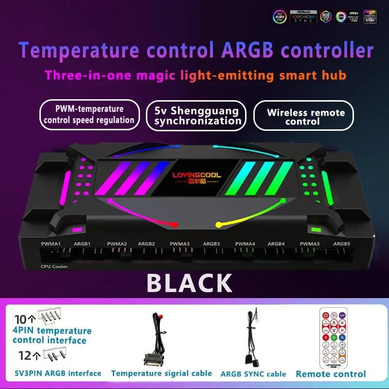 3 in1 ARGB Controller 4Pin PWM 5V 3Pin ARGB Cooling Fan Smart Remote Controller for Computer Case Chassis Radiator Fan