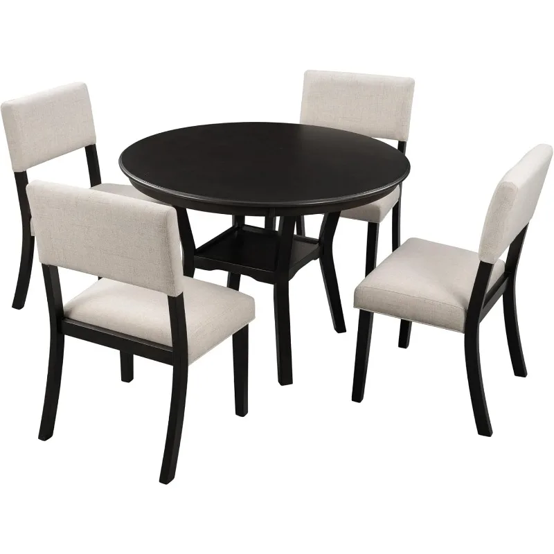 

5-Piece Dinette Sets Includes Round Kitchen Dining Table with Bottom Shelf, 4 Upholstered Chairs, for Diningroom Living Room