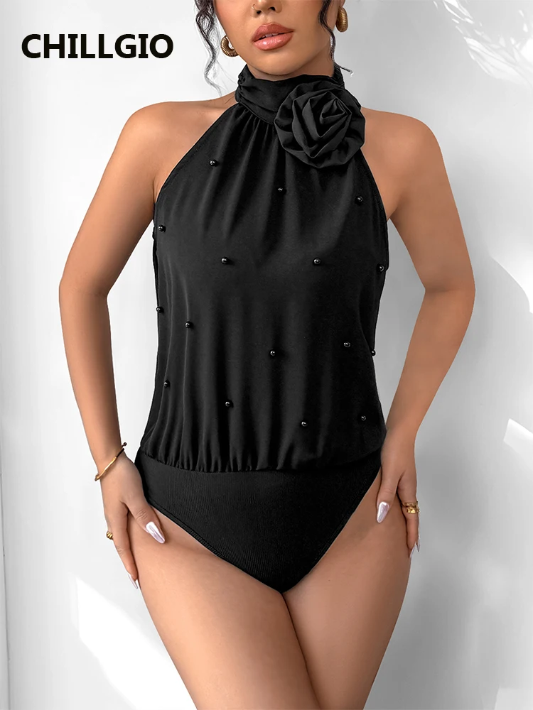 

CHILLGIO Women Floral Sleeves Bodysuits Fashion Bodycon Catsuits Sexy Onesie Solid Beaded One Piece Combination Rompers Lingerie