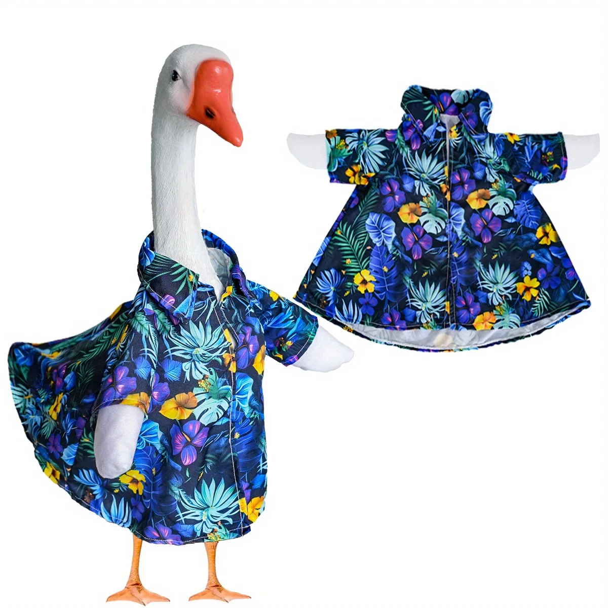 Disfraz de ganso flamenco tropical hawaiano, estampado floral azul y morado vibrante, traje de tela ajustable para 23", 1 ud.