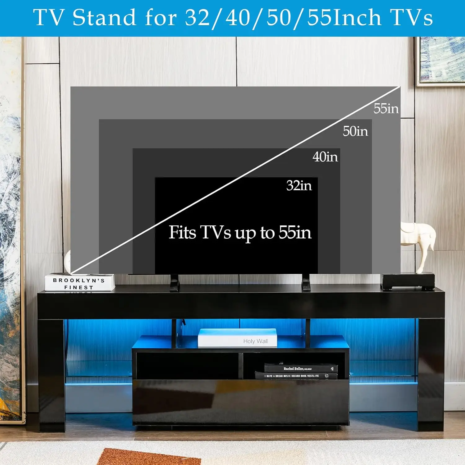 Modern LED TV Stand for 70/65/55 inch TV, Modern Entertainment Center with 1-2 Storage Drawers, High Gloss TV Cabinet