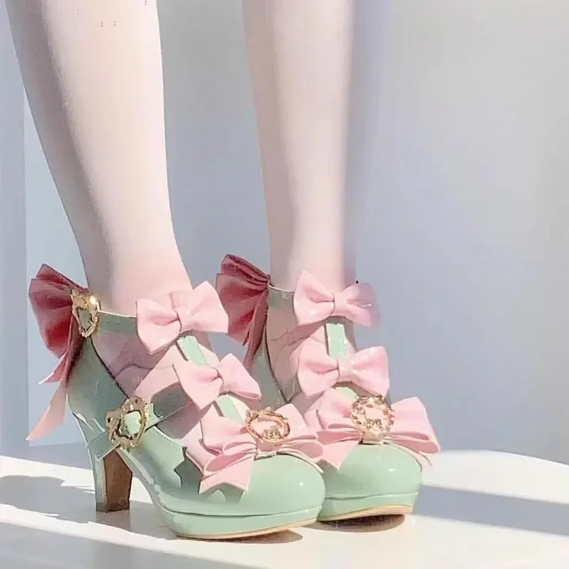 

Женские туфли-лодочки на каблуке с галстуком-бабочкой в стиле Лолиты, туфли Мэри Джейн, элегантные зеленые, розовые, розовые, белые свадебные туфли на каблуке для девочек
