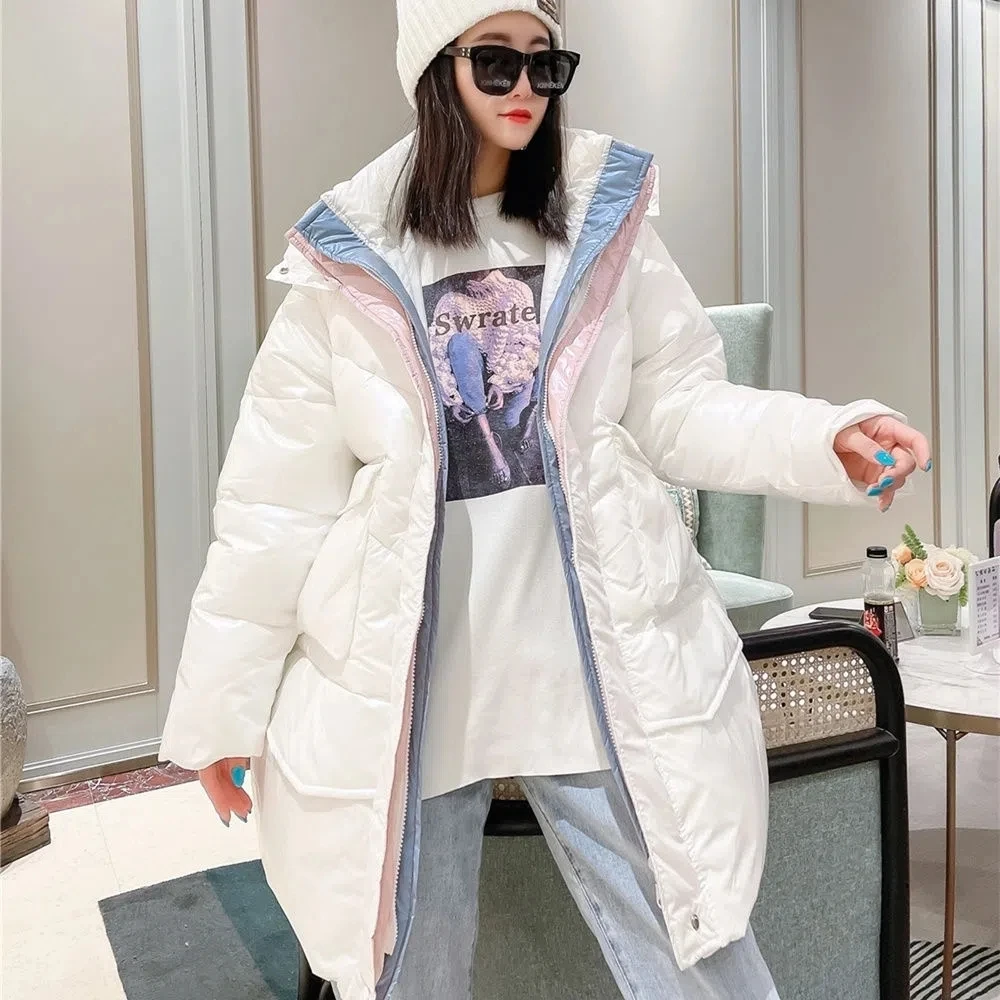 

2024 Autumn Winter Mid-length Womens Matching Color Thin Cotton Coat Casual Stand Collar Big Pocket Long Sleeve Female Outwear