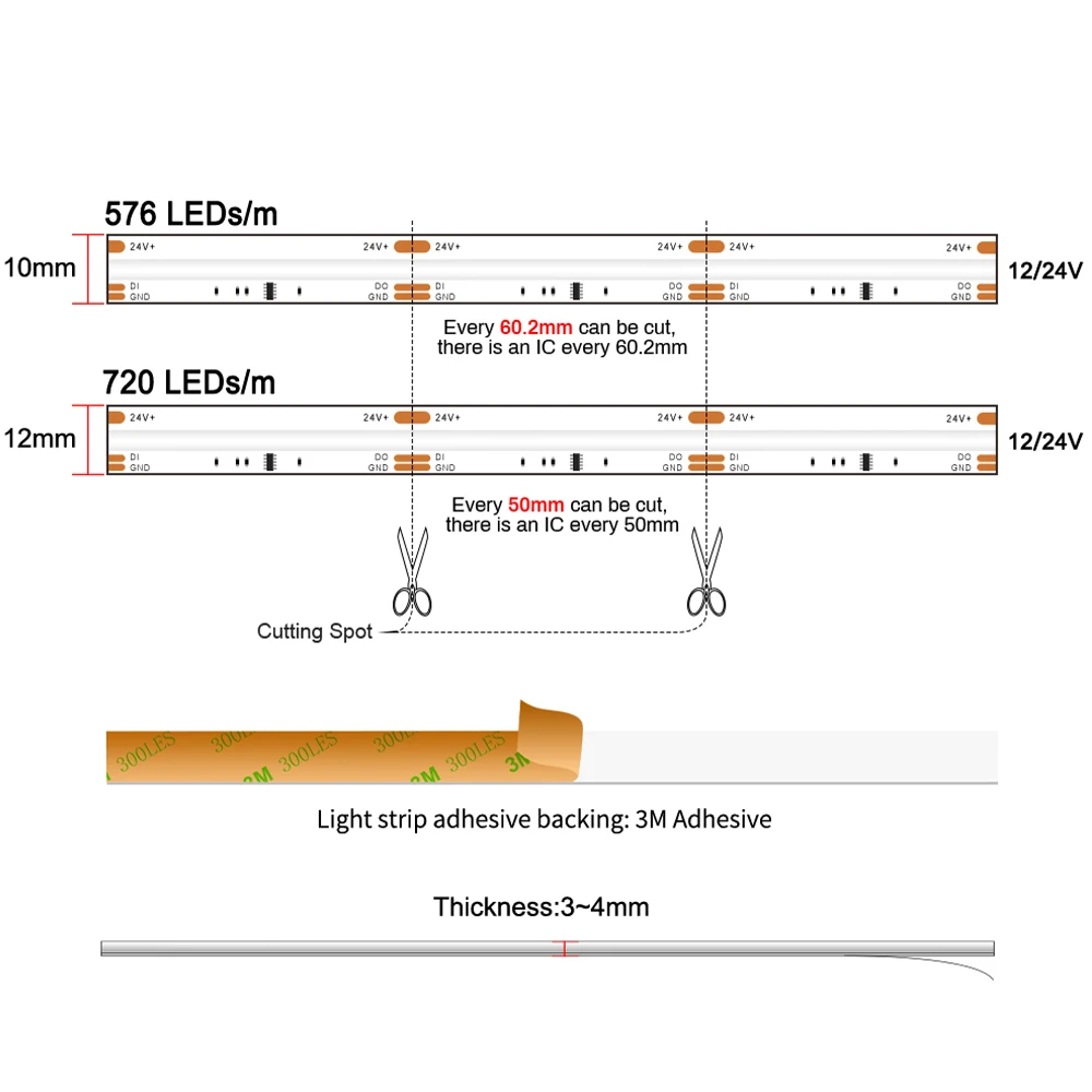 Imagem -04 - Cob Endereçável Led Strip Light Dream Color Rgb Led Strip Fita para Home Decor Lighting Rgb-ic Ws2811 10 mm 12 mm Largura 12v 24v