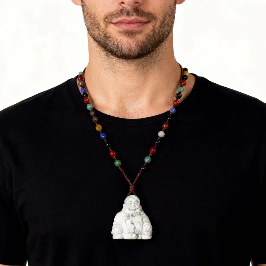 

Unit One Piece Natural Howlite Gemstone Crystal Laugh Buddha Carving Necklace Pendant With Natural Agate Bead Chain