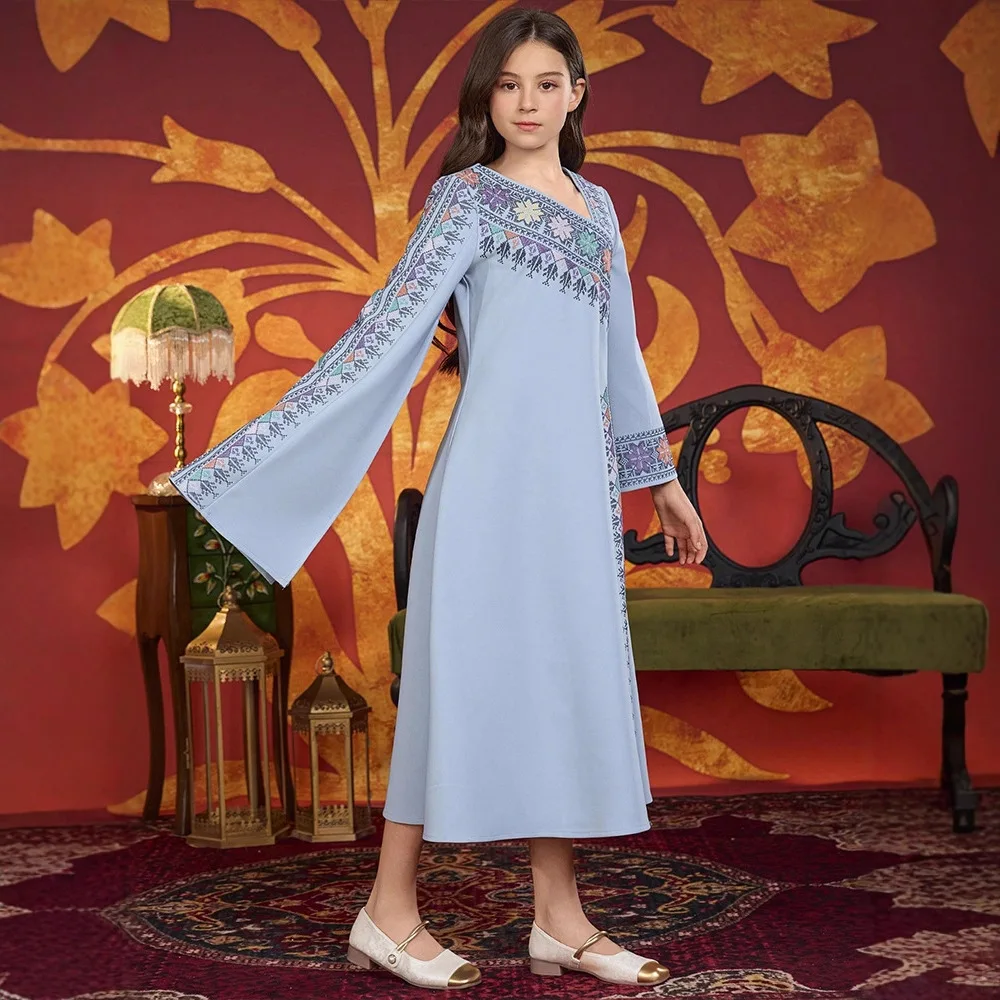 New Muslim Kids Girls Embroidery Long Sleeve Maxi Dress Robe Ramadan Islamic Children Clothing Arabic Abaya Turkey Party Morocco
