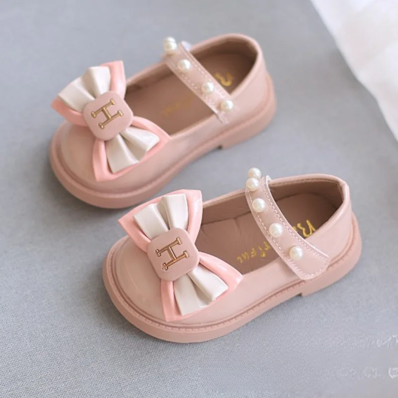 2024 Autumn Baby Girls Princess Shoes Cute Bow Children\'s Leather Shoes Fashion Pearls Kids Birthday Gifts Party Shoes