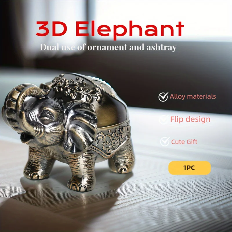 

Whimsical 3D Elephant Metal Ashtray - Retro Windproof with Lid, Anti-Drop, Storage Function