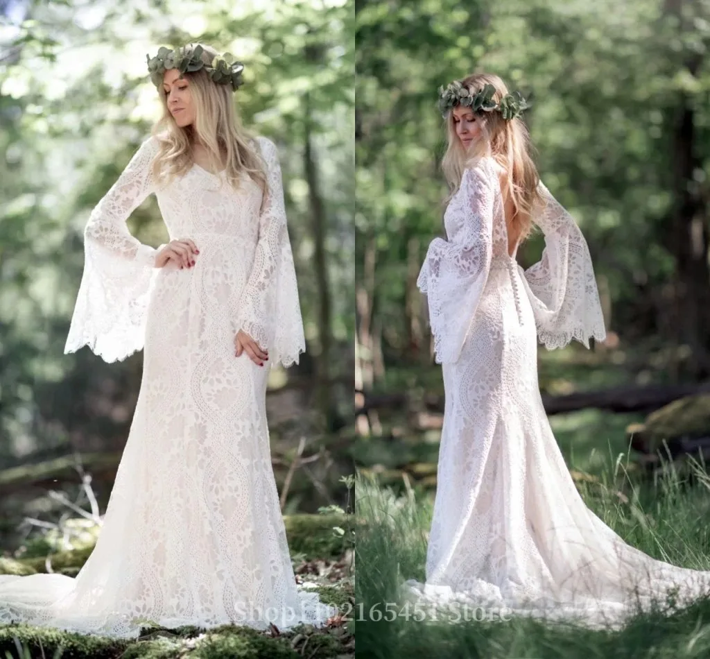 Flare Long Sleeve Wedding Dresses Mermaid Boho Beach Bridal Gowns Lace V-Neck Backless Country Bohemian Bride Robe De Mariage