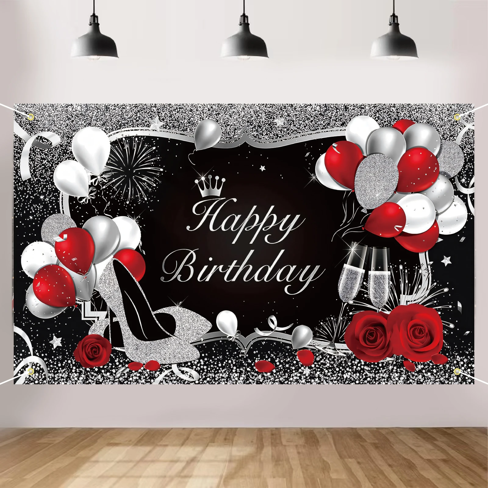 Silberner und schwarzer Happy Birthday-Hintergrund, Happy Birthday-Banner, rot, große Pailletten, High Heels, Champagner, Rose, Luftballons, Hintergrund für