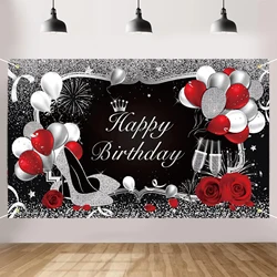 Silver and Black Happy Birthday Backdrop Happy Birthday Banner Red Large Sequin High Heels Champagne Rose Balloons Background fo