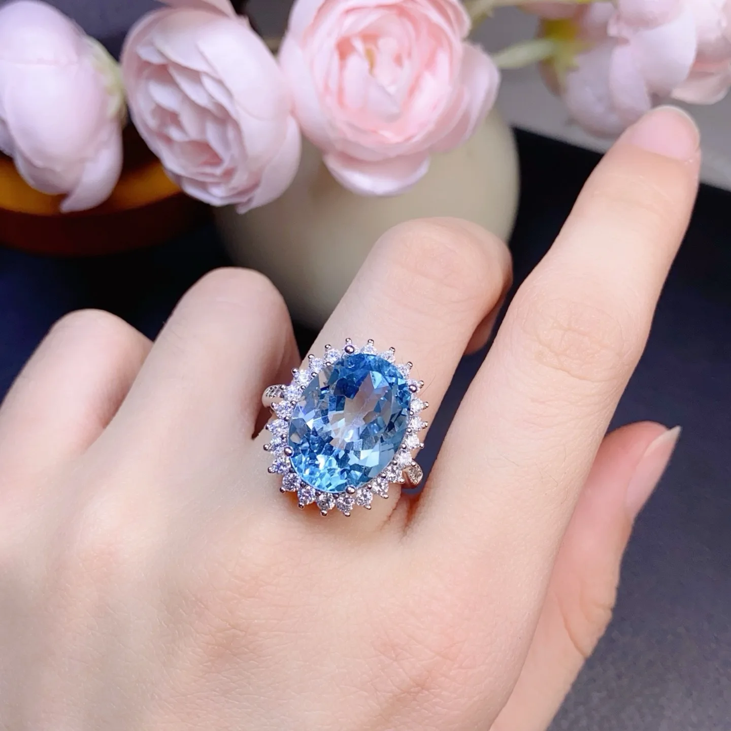 

925 Silver Precision-Set Natural Topaz Ring, Loupe-Clean Quality with Exceptional Fire, 12x16mm Oval Center Stone Jewelry