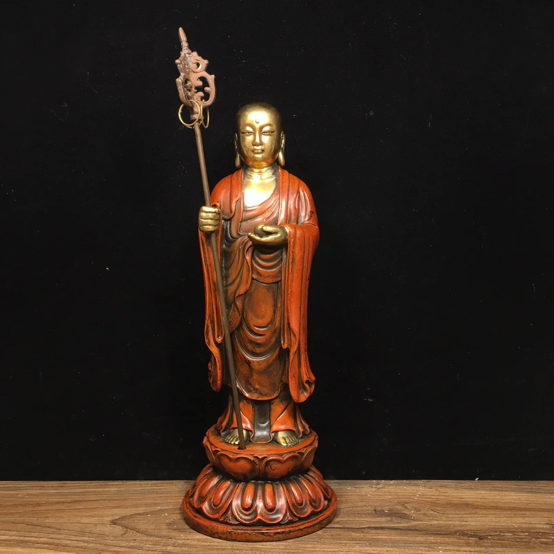 Pure copper gilded true gold Ksitigarbha Bodhisattva Buddha statue Length 9.5cm, width 9.5cm, height 24cm, weight 1580g