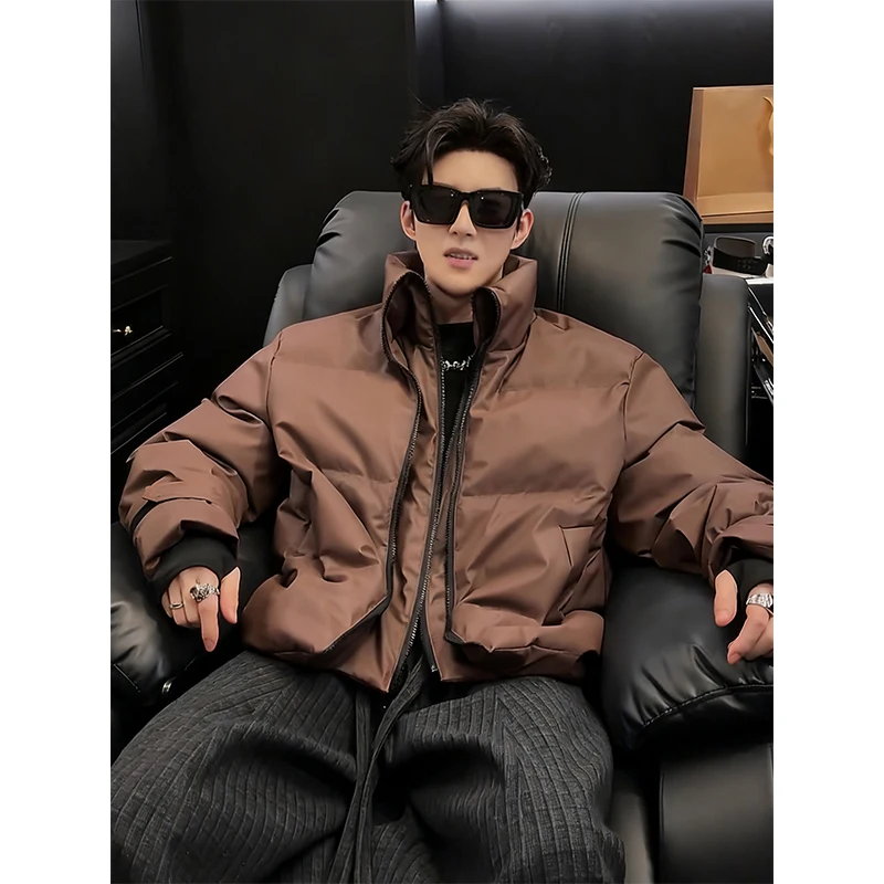 

Caramel American Style Stand Collar Fake Two-Piece Jacket Thickened Winter Warm Cotton Coat Men's Style Bread Coat Zipper Cot...