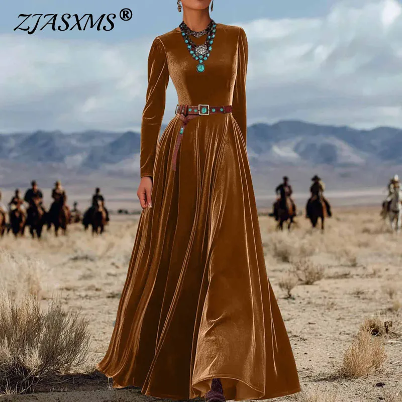Female Clothing Vintage Solid Slim Soft Velvet Long Dresses Woman Elegant O Neck High Waist Pleated Maxi Dress for Autumn Winter