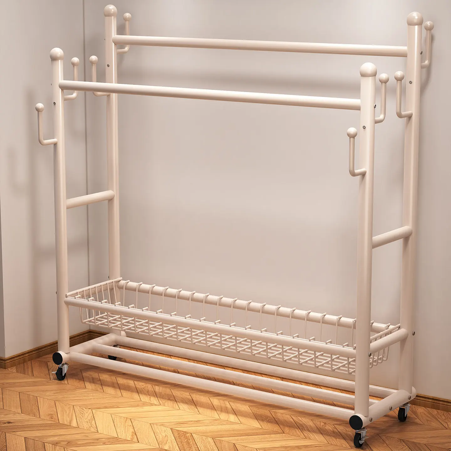 floor-mounted-double-rod-clothes-drying-rack-multi-functional-coat-hook-bedroom-indoor-mobile-hanging-closet-organizer