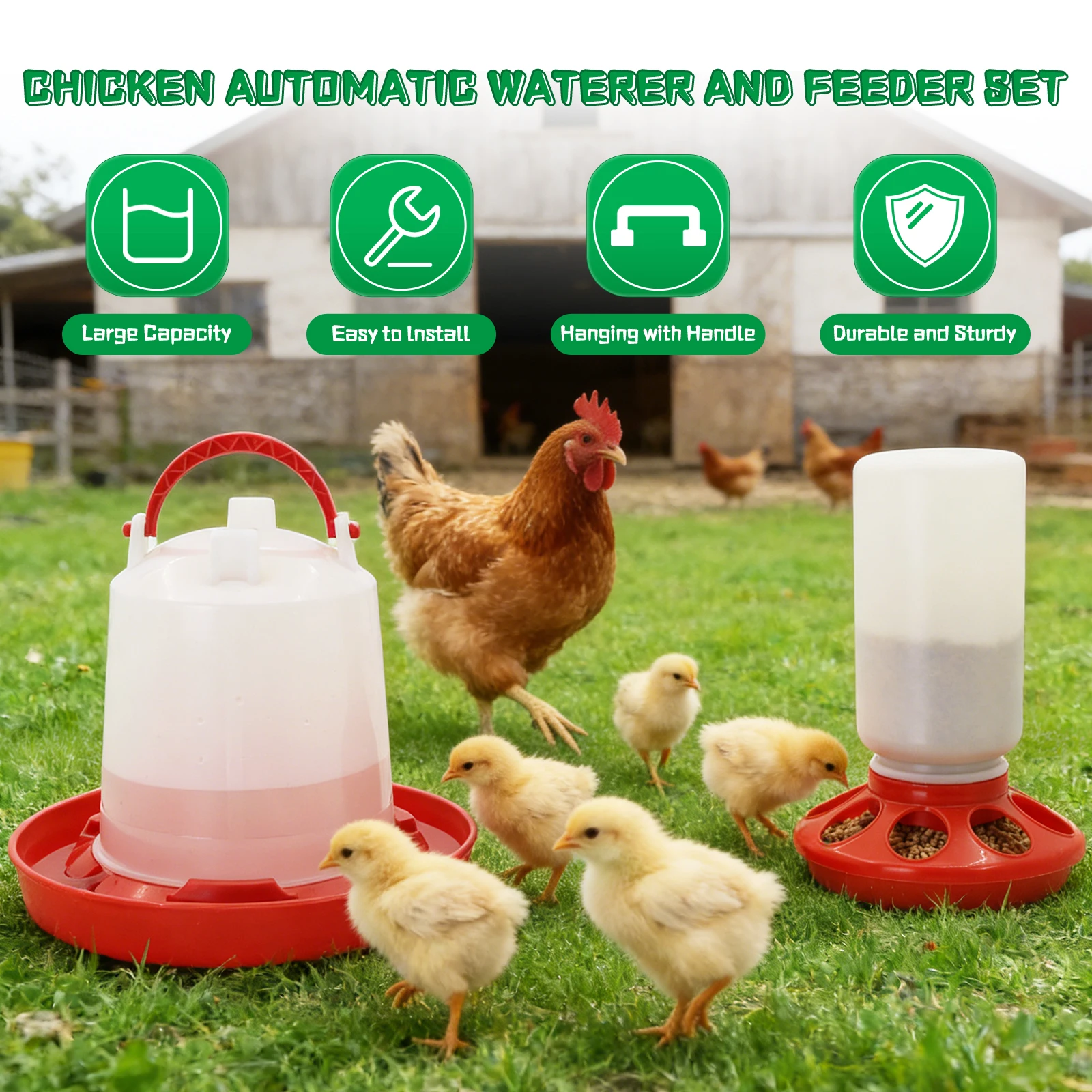 Comedero y Bebedero Automático para Pollos, Dispensador de 1L, Apto para Pollos, Aves de Corral, Codornices, Palomas