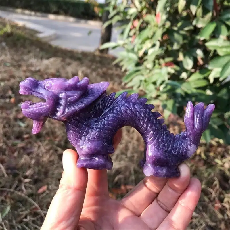 12.5cm Natural Lepidolite Dragon Crystal Animal Carving Crafts Healing Energy Stone Fashion Home Decoration Gift 1PCS