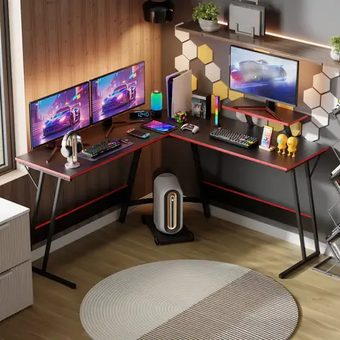 Escritorio para juegos, escritorio esquinero para computadora en forma de L, escritorios para oficina en casa, estación de trabajo de escritura con soporte para monitor grande, fácil de montar