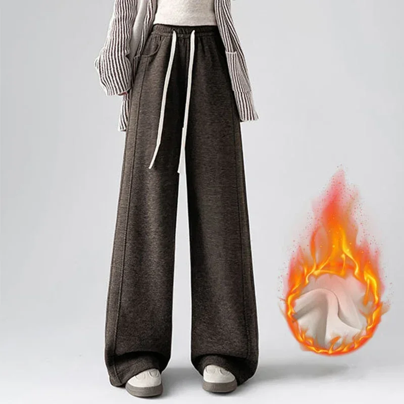 

Autumn Winter Fleece Warm Pants for Women Casual High Waist Wide Leg Sweatpants Woman New Korean Lace Up Loose Trouser Female