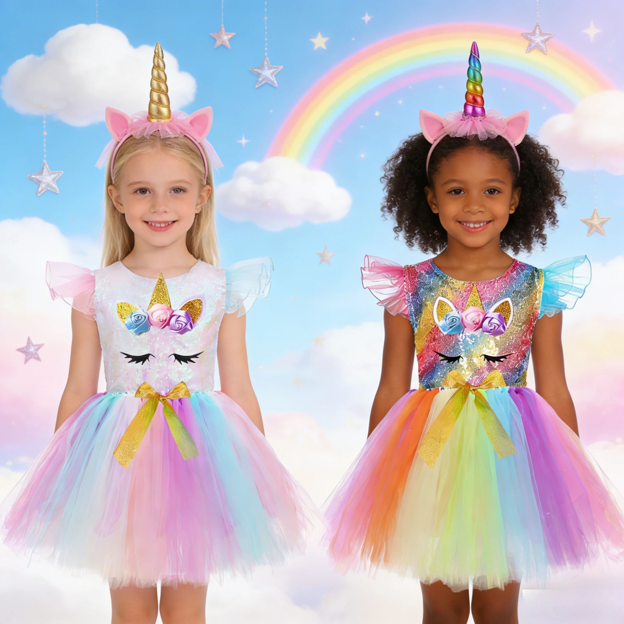 

Милое детское платье-туту с единорогом для девочек, костюм принцессы, детские костюмы для ролевых игр с единорогом, детские платья до колен с пайетками и радужным узором SS0