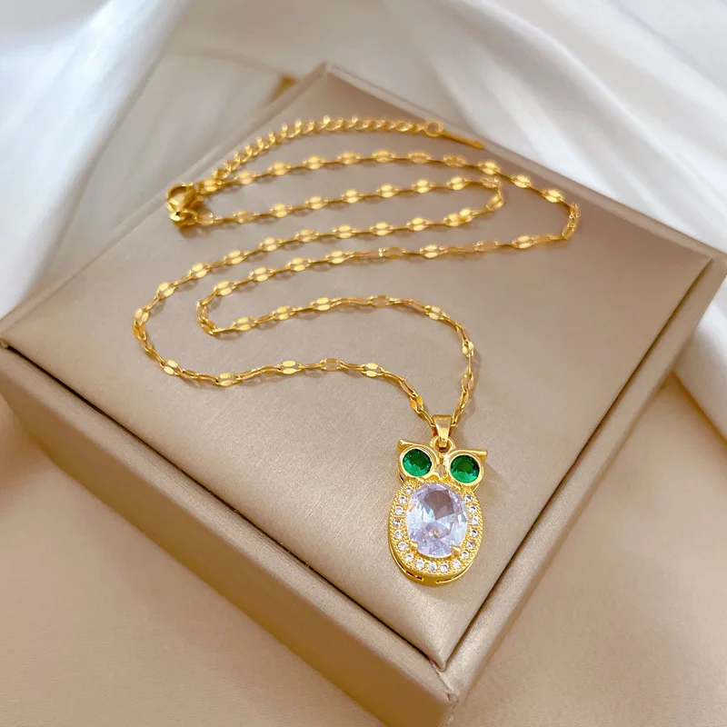 Stainless Steel Chain Classic Bling Cute Zircon Owl Pendant Necklace for Women Lady Lovely Owl Jewelry Accessories Gifts