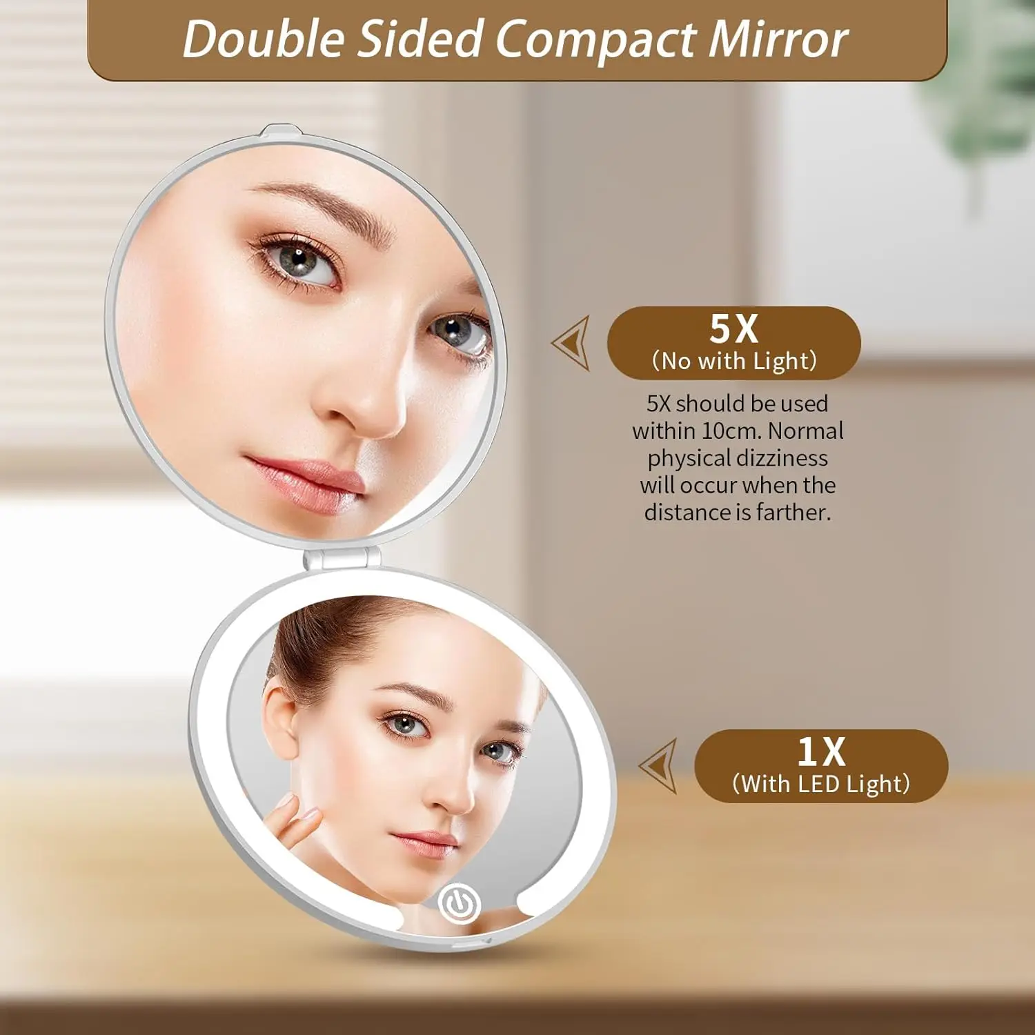 Beleuchteter Schminkspiegel mit Vergrößerung, kompakter Reisespiegel, tragbarer, über USB wiederaufladbarer Mini-LED-Taschenspiegel mit Touchscreen