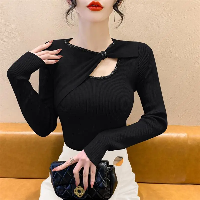 Autumn Winter New Fashion Bow Collar Solid Long Sleeve Pullovers Women\'s Clothing Diamonds Pleated Knitting Slim Temperament Top