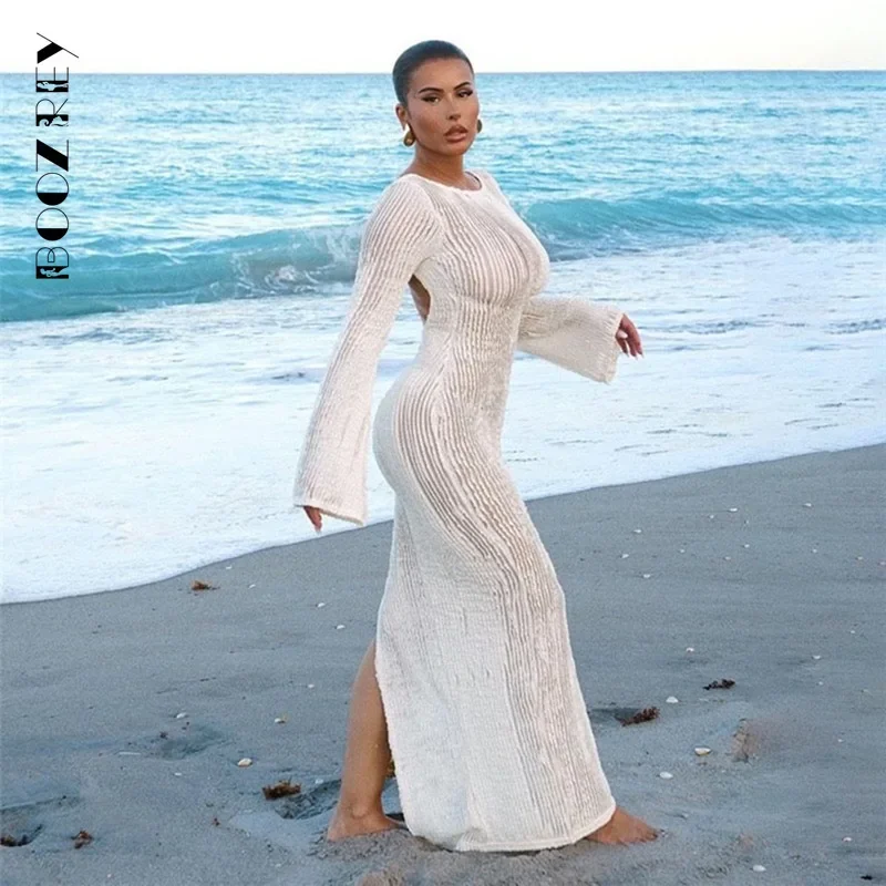 

BoozRey Sexy See-through Knitted Beach Long Dress Women's Summer Long Sleeve Boat Neck Backless Fashion Solid Female Clothing