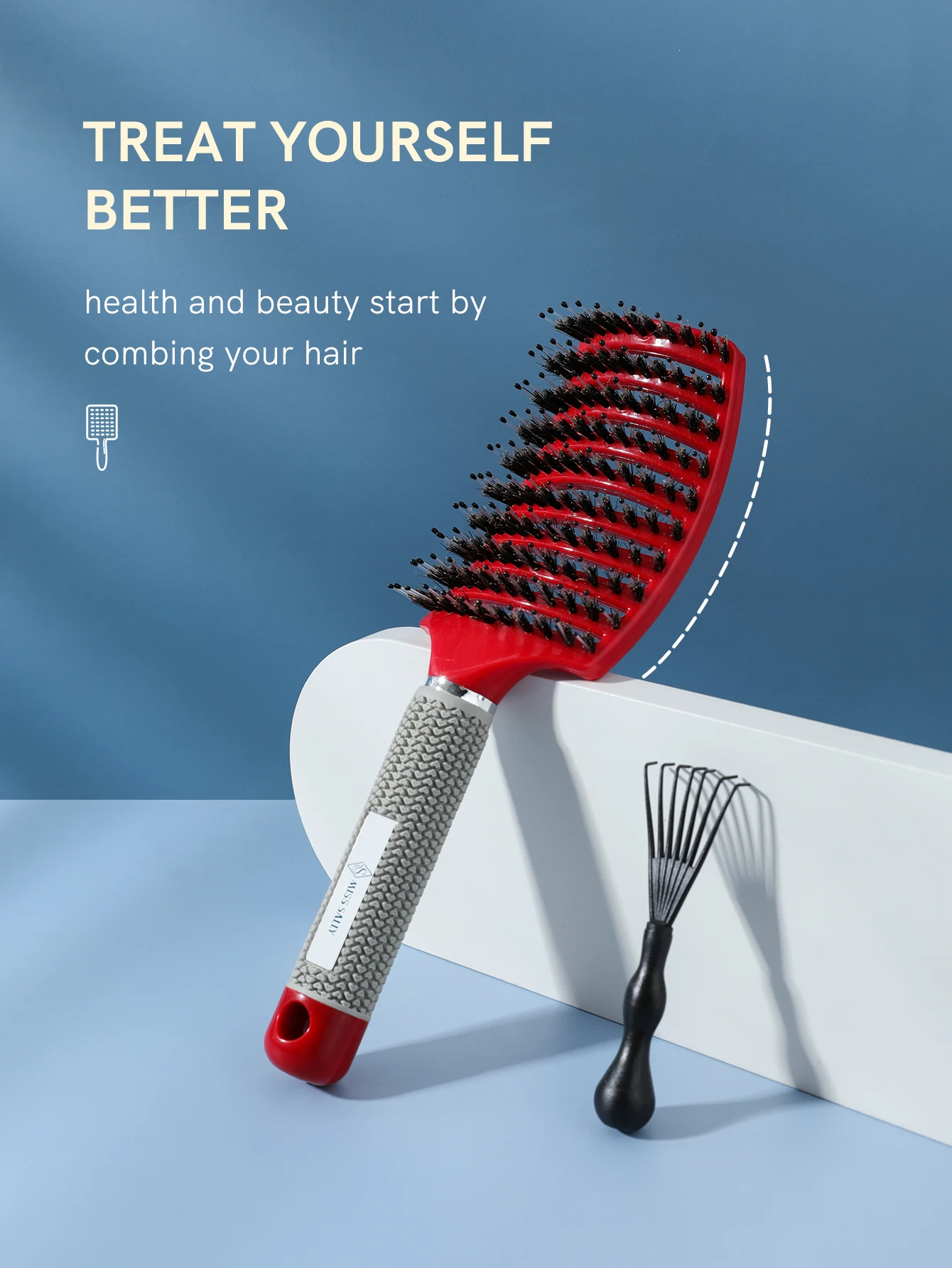 1pc Curved Vented Boar Bristle Styling Hair Brush & 1pc cleaning brush, Single Brush Anti-static Detangler, Wet or Dry Use,