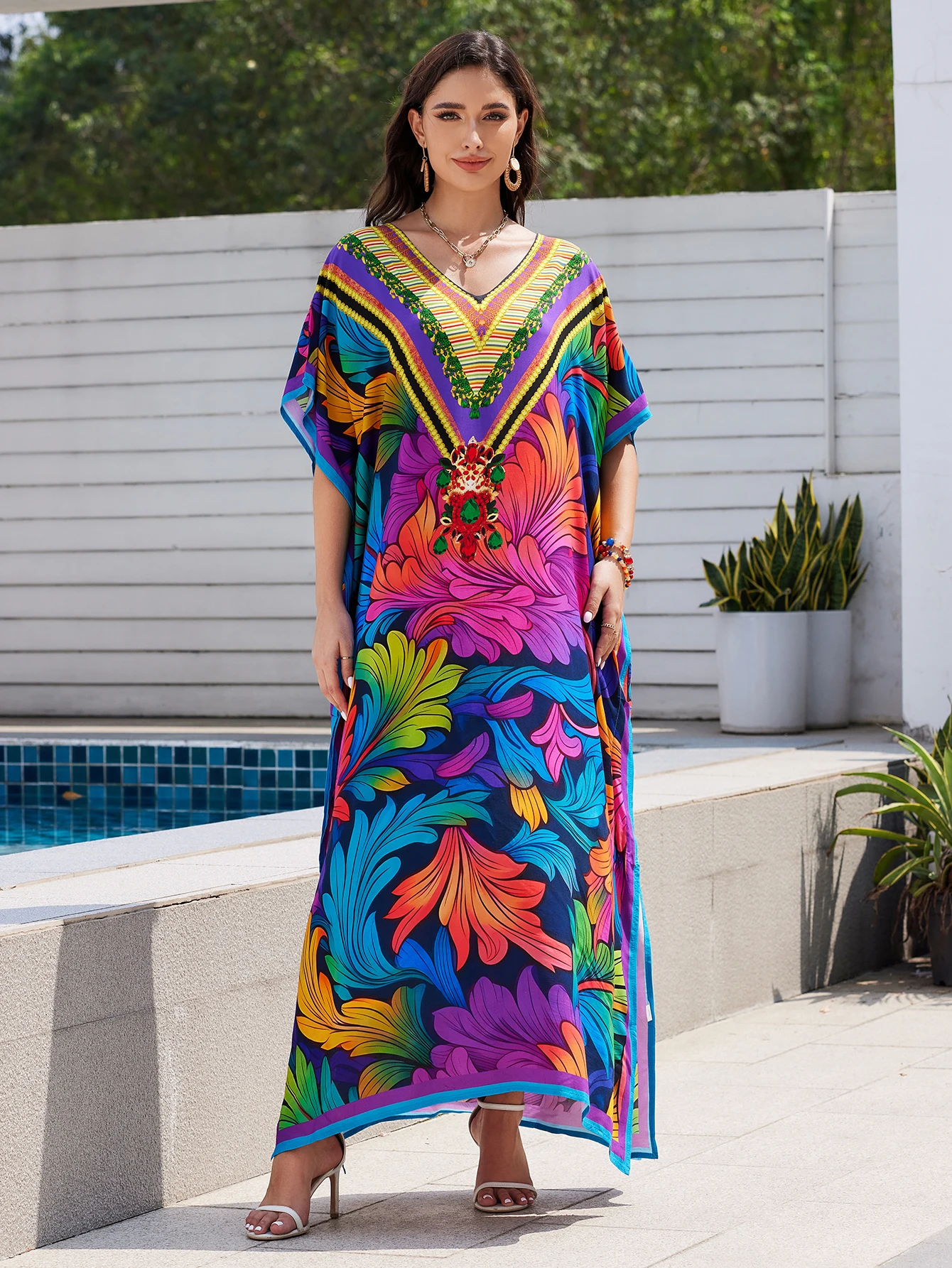 MAKABO Kaftan-jurken voor dames, V-hals Moo Moos Kleurrijke print Cover Ups Kaftan Strandjurken voor badkleding