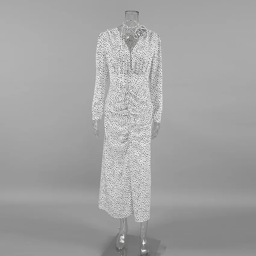 Robe sexy européenne et américaine, col en v, manches bulles, pois, fente florale, jupe longue transfrontalière à la mode, automne 2025