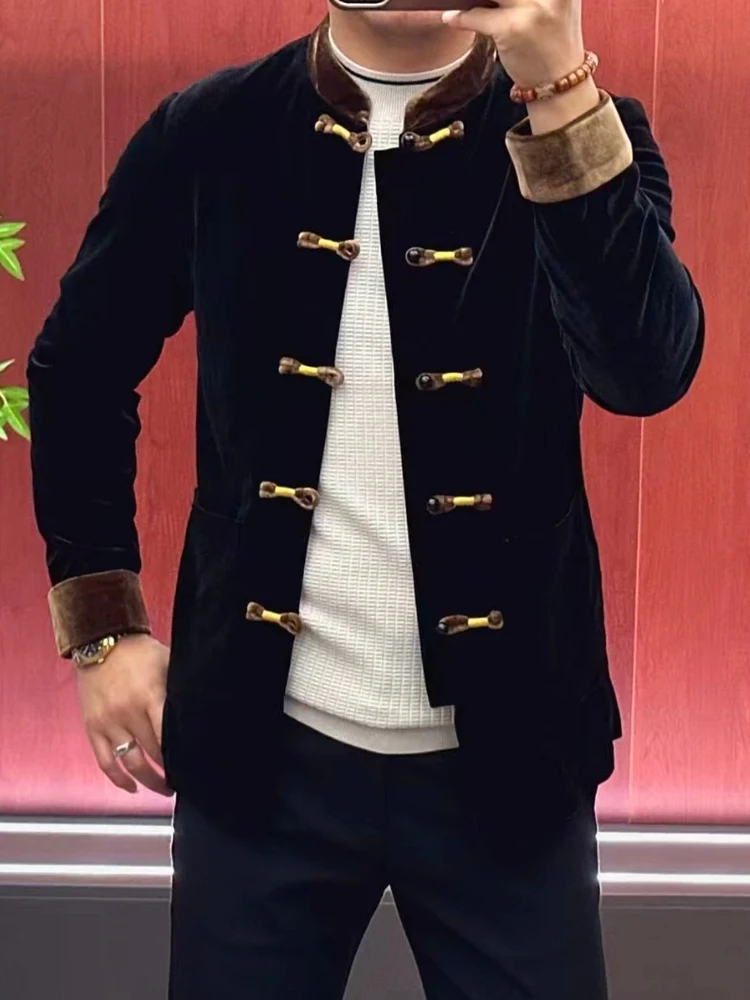 

Men's New Autumn Faion Outerwear Tang Suit National Trend Button Design Busin Casual Long Sve Youth Leisure Jaet