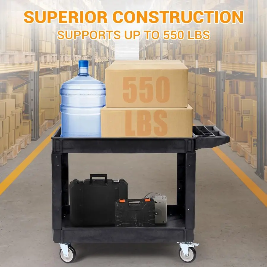 عربة خدمة PP كبيرة شديدة التحمل 45.7 × 25.6 بوصة، عربة أدوات دوارة مع عجلات دوارة 360 درجة، 550 رطل، رف كبير الحجم، تخزين Ha