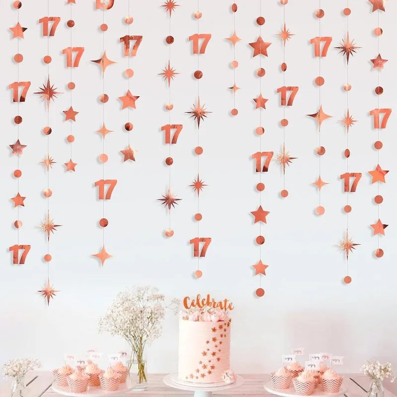 Rose Gold 17th Birthday Party Banner Decorations Number 17 Circle Star Paper Garland Backdrop Girls Anniversary Party Supplies