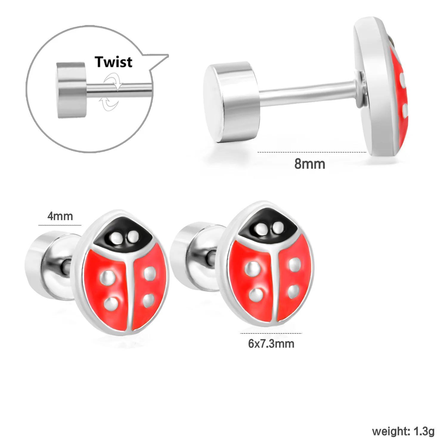 Cute Enamel Ladybug Screw Back Stud Earrings Gold Silver Stainless Steel Hypoallergenic Tarnish Resistant Cartoon Daily Jewelry