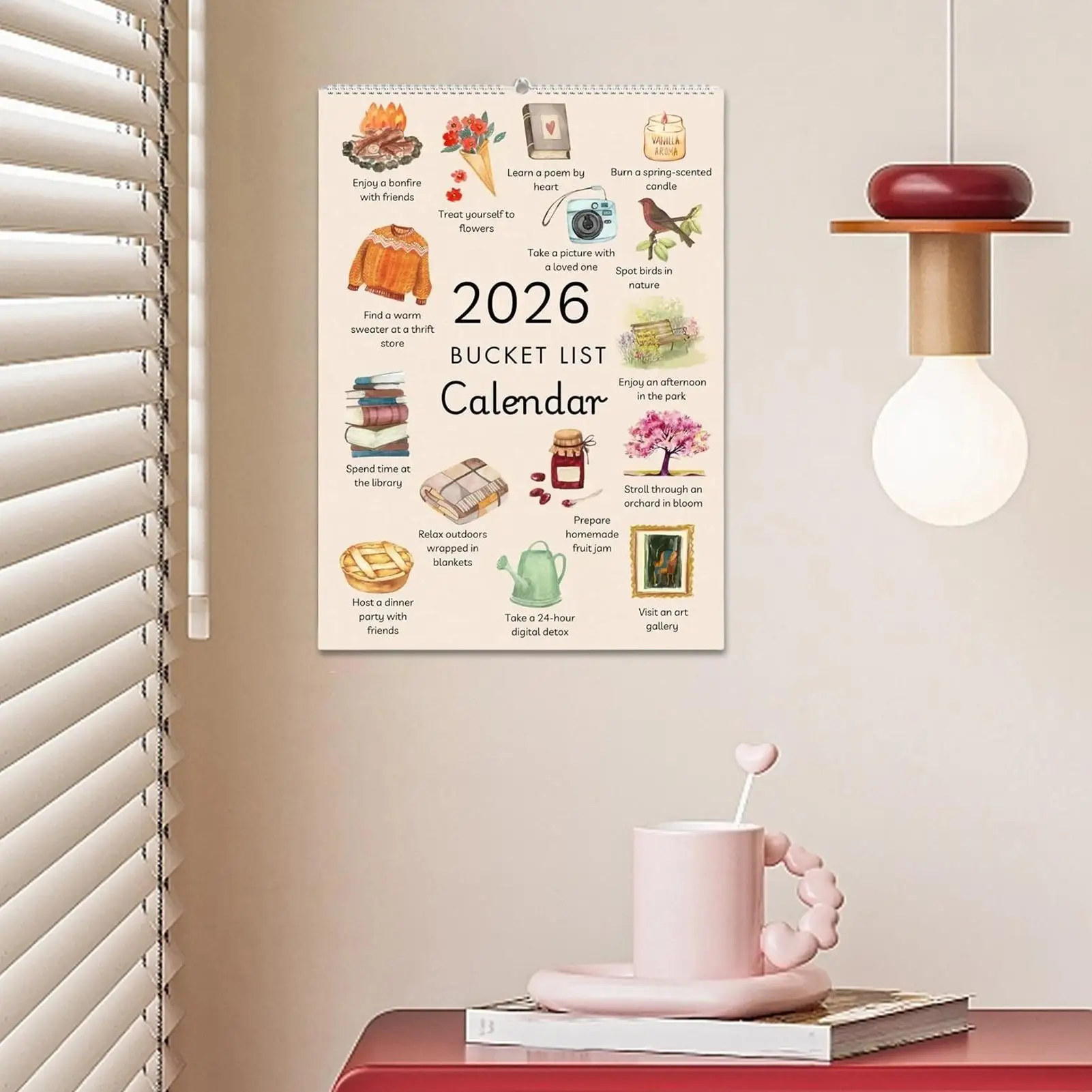 Calendario mensile da parete per l'intero anno 2026 con illustrazioni ispiratrici Planner per obiettivi artistici ad acquerello per l'ufficio in classe