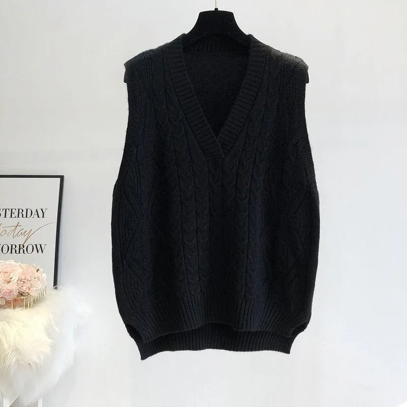 Sweater vest women\'s knitted pullover spring and autumn loose Korean version new versatile sleeveless student vest for outside