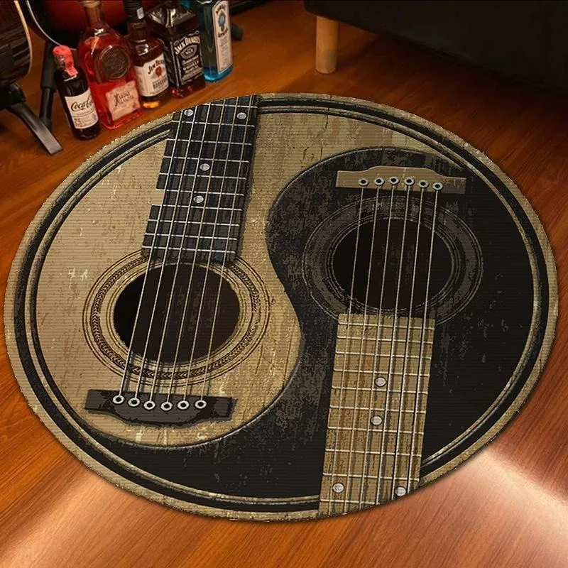 Modern Guitar Pattern Instrument Store Round Carpet Decoration Bedside Bedroom Non-slip Soft Rug Easy Clean Lint-free Floor Mats