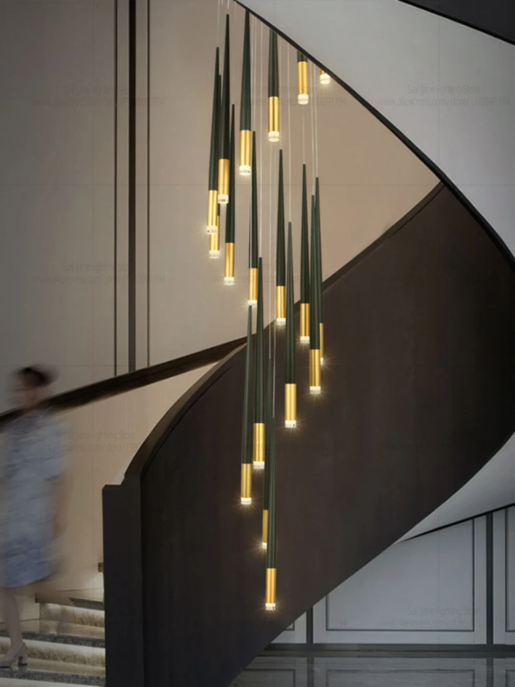 

New Luxury Chandelier Nordic Conical Light Modern Living Room Duplex Attic Long Pendant Light Villa Staircase LED Pendant Light