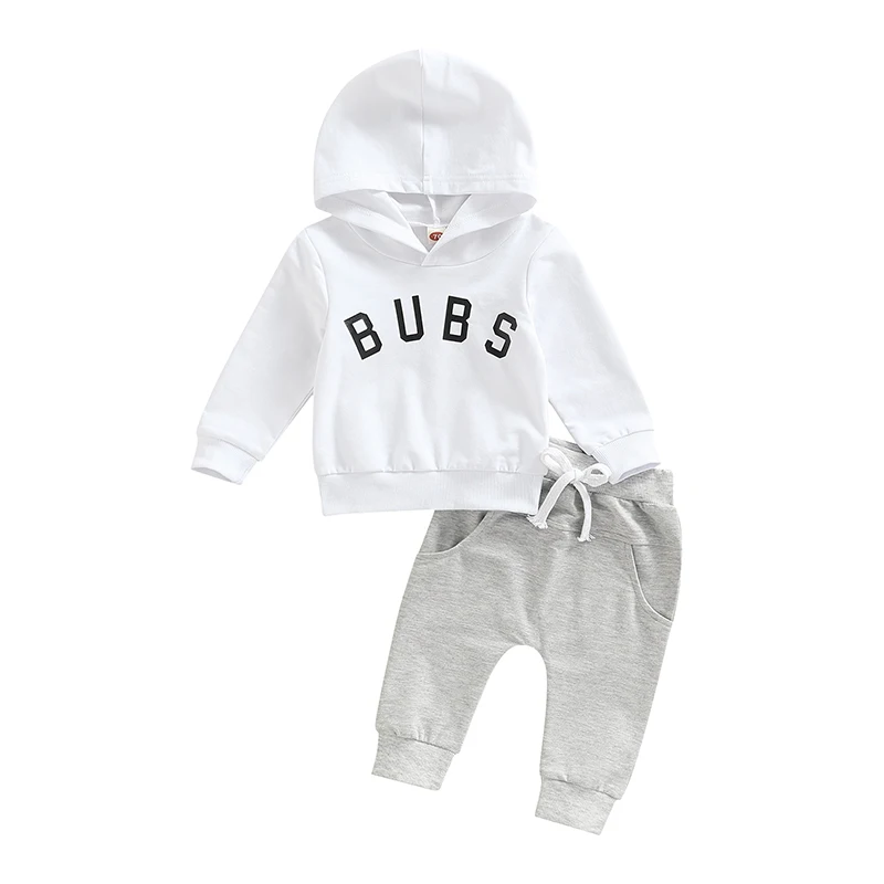 

Newborn 2Pcs Outfits Capital Letter Print Long Sleeve Hooded Pullover Elastic Drawstring Side Pockets Trousers