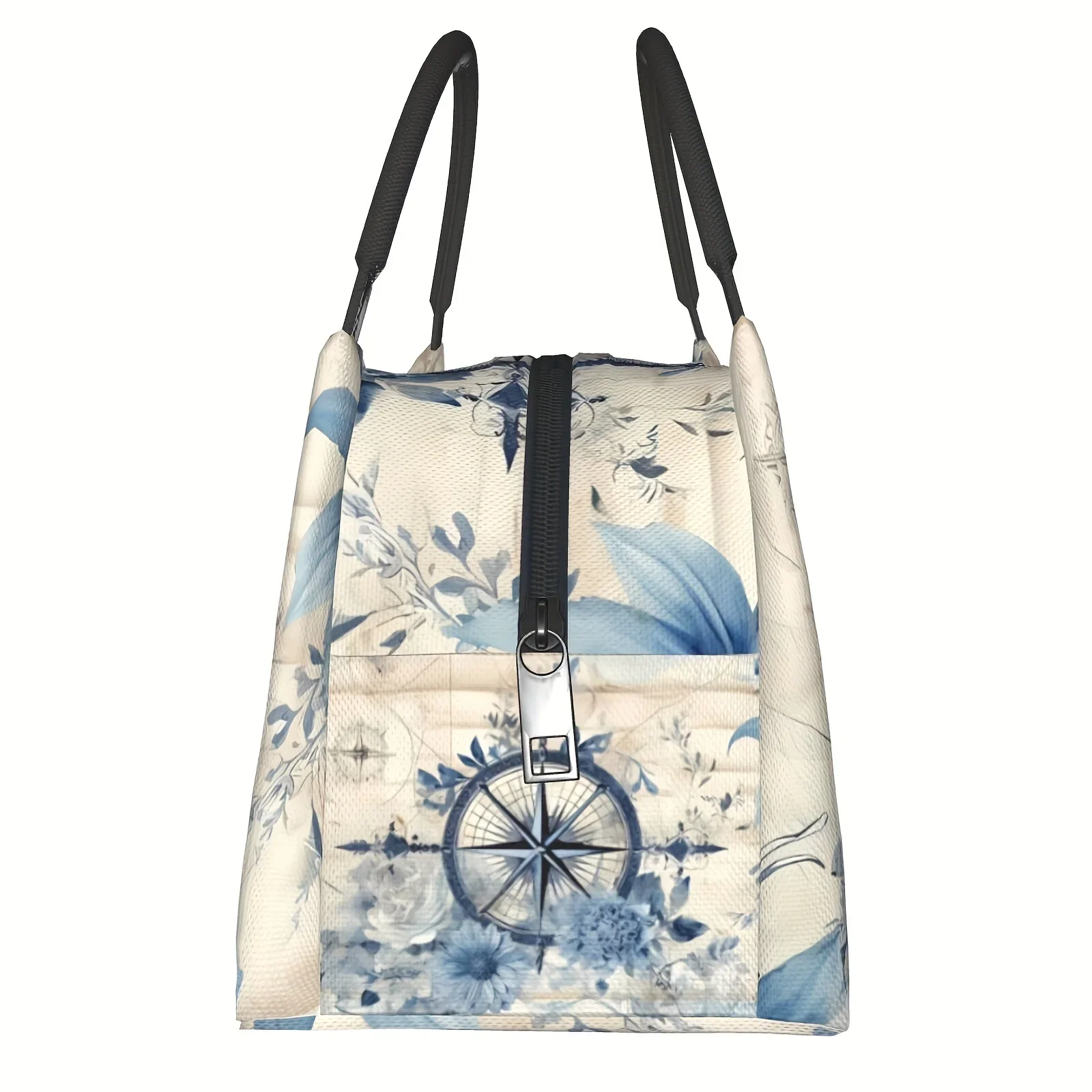 Nautical Compass Floral Print Insulated Cooler Tote Bag Reusable Lunch Bag for Picnic Office Outdoor