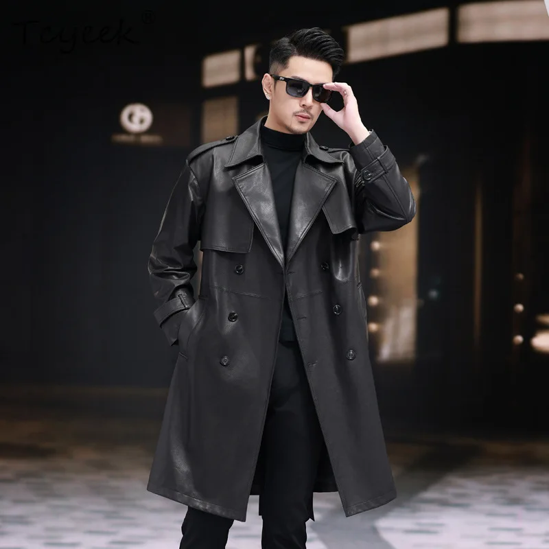 เสื้อแจ็คเก็ตหนังแกะแท้ Tcyeek สำหรับผู้ชาย เสื้อโค้ทยาวทรงเทรนช์โค้ท สไตล์ลำลองสำหรับธุรกิจ เสื้อโค้ทผู้ชายสำหรับฤดูใบไม้ผลิและฤดูใบไม้ร่วง เสื้อแจ็คเก็ตหนัง