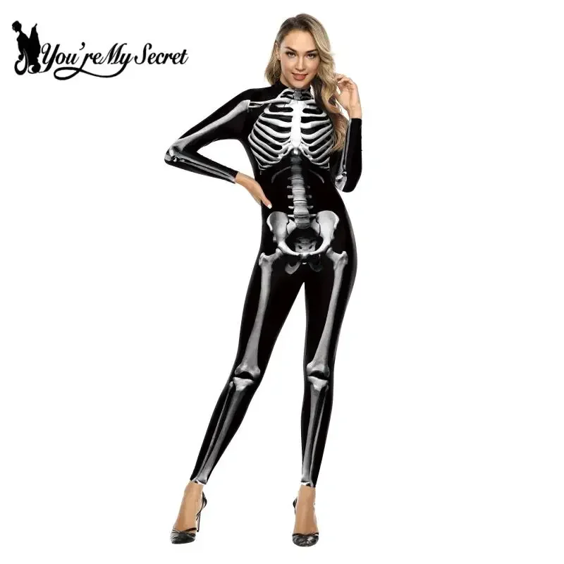 [You're My Secret] Halloween Skeleton Costume Bodysuit 3D Stretch Skinny Jumpsuit Womens Rompers Party Zentai Outfit Catsuit