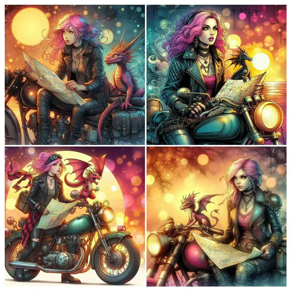 Cool Motorcycle Girl and Dragon 5D DIY Cartoon Diamond Painting Kit Cross Stitch Diamond Embroidery Mosiac Art Children's Gift