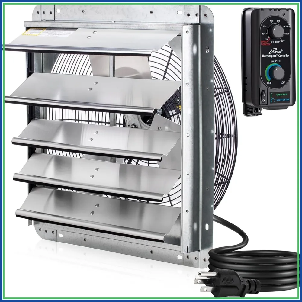 

18" Wall Mounted Shutter Exhaust Fan, Automatic Shutter, Thermostat & Variable Speed Controller, 1736 CFM, 2600 SQF Coverage