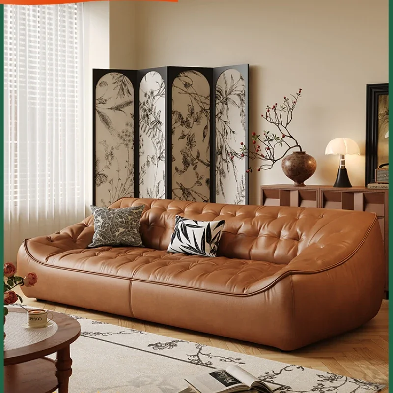 

Medieval style living room straight row bean bag sofa retro oil wax leather all leather sofa