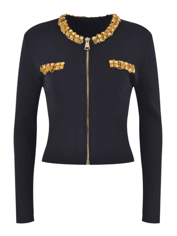

2025 New Spring Small Fragrant Style Luxury Bead Black White Zipper Shirt Top Women's Short Style Slim Knitwear Sweater