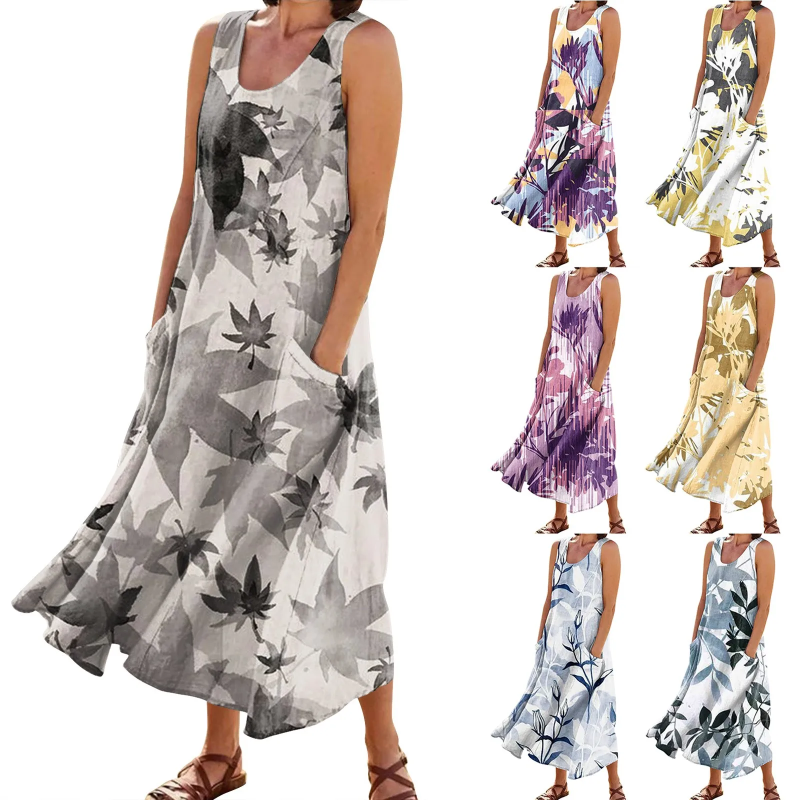 Women'S Casual Sleeveless Dress Daily Fashion Cotton And Linen Loose Dress Various Leaf Element Print Dress With Pockets