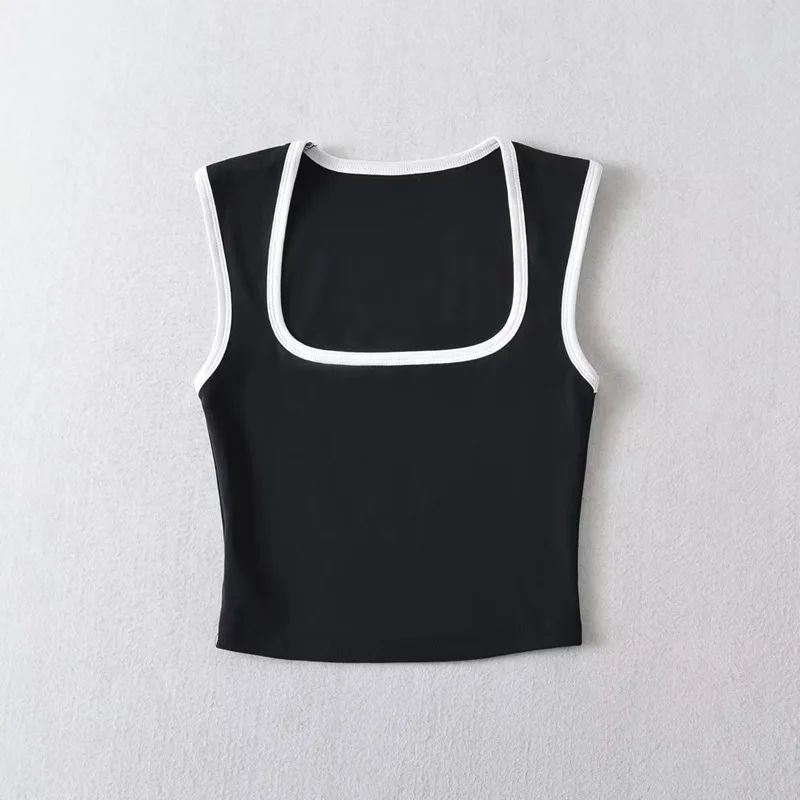Woman Fashion Slim Solid Contrust Camis Casual Sleeveless Tanks Square Collar Crop Tops Clothing Streetwear Mujer 2024 Y2k